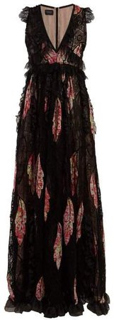 Floral Print Crepe And Guipure Lace Gown - Womens - Black Multi
