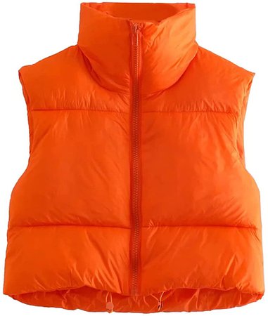 Women's Cotton Padded Crop Vest Zip Up Stand Collar Sleeveless Puffer Vest Padded Gilet Warm Outerwear Streetwear (Orange , M ) at Amazon Women's Coats Shop