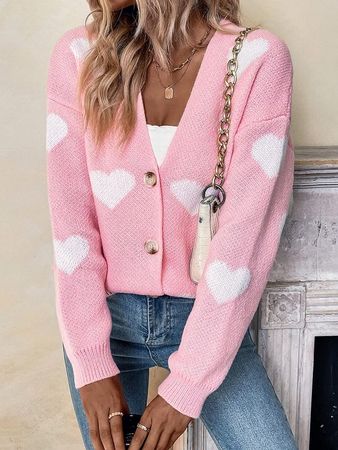 SHENHE Women's Button Down Cardigan Cute Heart Print V Neck Soft Cardigan Sweater Coat Light Pink S at Amazon Women’s Clothing store