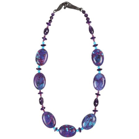 Beaded Turquoise, Amethyst, Ruby, and Silver Necklace