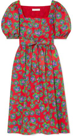 Corin Belted Floral-print Cotton-poplin Dress - Red