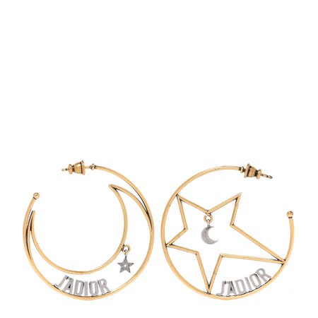 DIOR Metal Moon Star J'Adior Asymmetrical Hoop Earrings Gold Palladium 1003104 | FASHIONPHILE