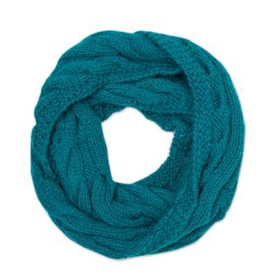 Hand-Knit Alpaca Blend Infinity Scarf in Teal from Peru - Andean Swirl in Teal | NOVICA