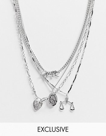 Reclaimed Vintage inspired multirow necklace in silver with mixed charms | ASOS