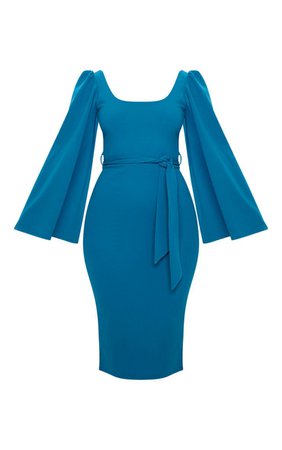 Petrol Blue Cape Sleeve Tie Waist Midi Dress | PrettyLittleThing USA
