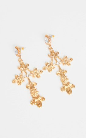 Gold Cross Diamante Statement Earrings | PrettyLittleThing USA