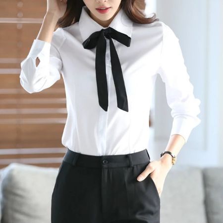 Blusa informal de manga larga con lazo para mujer, camisa blanca con cuello vuelto para primavera y otoño, Tops coreanos para oficina|Blusas y camisas| - AliExpress