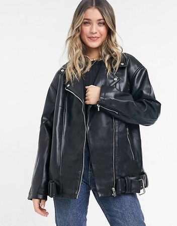 ASOS DESIGN longline oversized faux leather moto jacket in black | ASOS