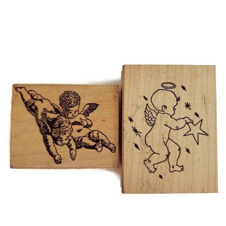 Lot of 2 Cherub Angels Wooden Rubber Stamps Stamps Happen Stamp Francisco - Stamps