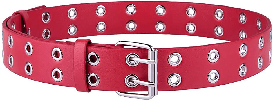 moonsix Leather belt for Man for Women, Hole Belt Double Grommet Twin Prong 1.5 inch width, Red at Amazon Women’s Clothing store