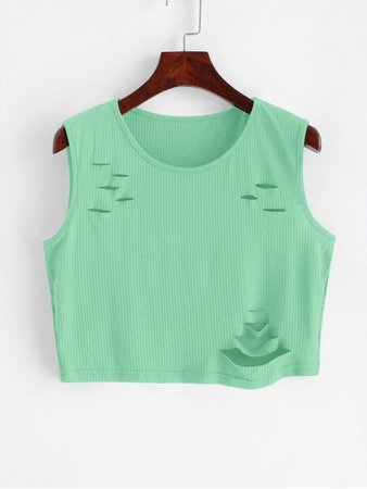[28% OFF] [POPULAR] 2020 Ribbed Crop Ripped Tank Top In LIGHT GREEN | ZAFUL