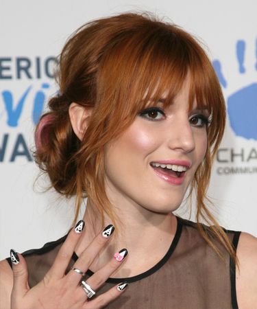 Bella Thorne Long Straight Ginger Red Updo Hairstyle with Blunt Cut Bangs