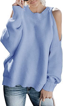 blue cold shoulder ribbed sweater