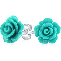 Amazon.com: Romantic Delicate Floral 3D carved Teal Aqua Green Rose Flower Stud Earrings For Women Teen For Mother Silver Plated: Clothing, Shoes & Jewelry