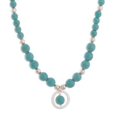 Sterling Silver and Recon. Turquoise Beaded Pendant Necklace - Beautiful Planets | NOVICA