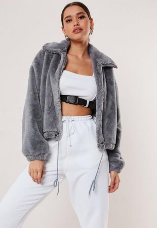 Grey Cropped Faux Fur Bomber Jacket | Missguided