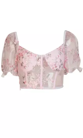 Turn On The Charm Pink Floral Pattern Sheer Mesh Short Puff Sleeve V N – Indie XO