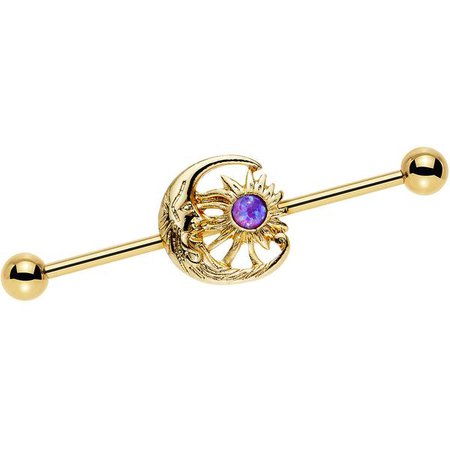 Purple Faux Opal Gold Anodized Moon and Sun Industrial Barbell 38mm – BodyCandy