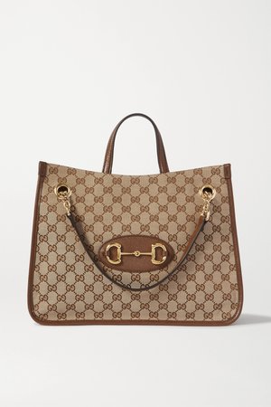 Brown 1955 Horsebit medium leather-trimmed printed coated-canvas tote | Gucci | NET-A-PORTER