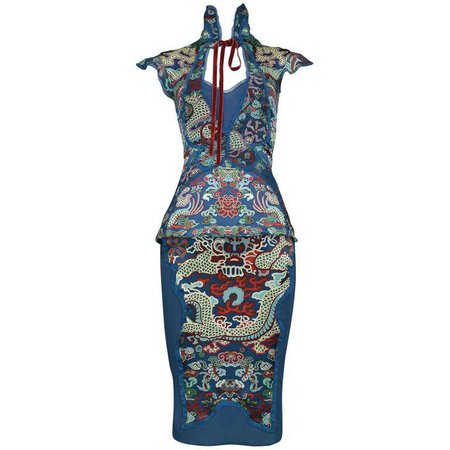 Tom Ford for Yves Saint Laurent Vintage Teal Chinese Dragon Ensemble, 2004 For Sale at 1stdibs