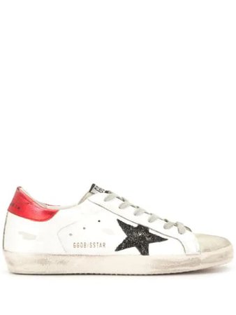 Woman White Super-star Sneakers With Red Spoiler And Black Glitter Star