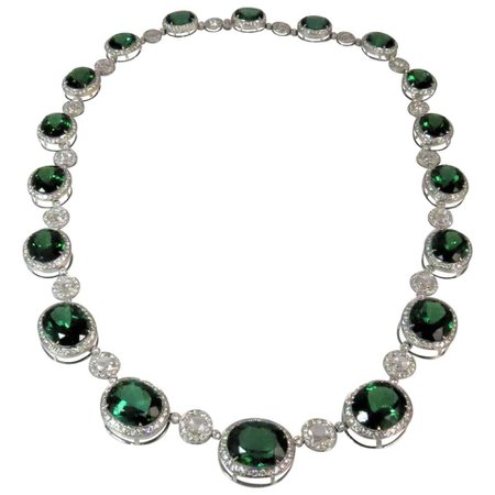 18 Karat White Gold Necklace with Green Tourmalines and Rosecut Diamonds For Sale at 1stDibs