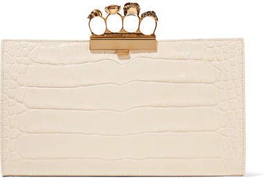 Four Ring Embellished Croc-effect Leather Clutch - White