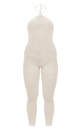 Cream Sheer Knit Halterneck Jumpsuit | PrettyLittleThing USA
