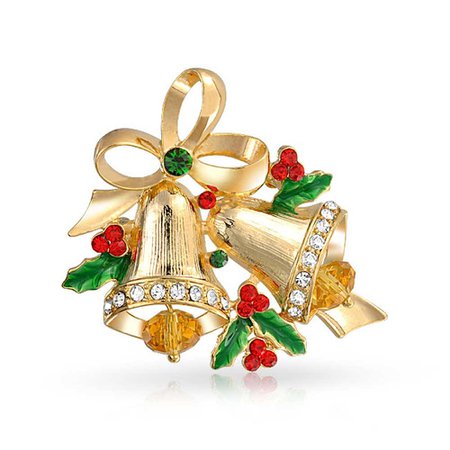 Holiday Christmas Bells Bow Ribbon Brooch Pin Garnet Color Crystal