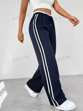 SHEIN EZwear Women'S Color Block High Waist Side Striped Weave Tape Casual Pants | SHEIN