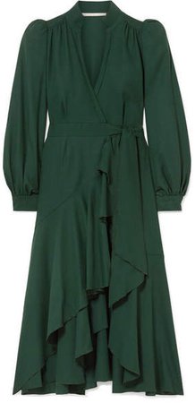 Anna Mason - Stella Ruffled Wool-crepe Wrap Dress - Dark green