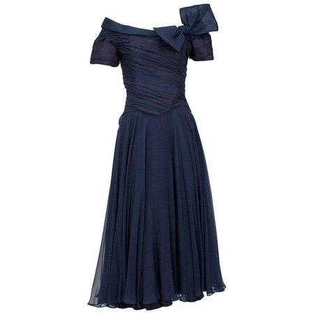 Ceil Chapman Navy Chiffon Dance Dress with Portrait Collar, 1950s For Sale at 1stdibs