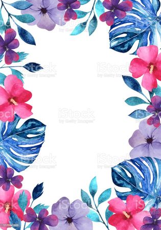 Watercolor Hand Painted Tropical Frame With Pink And Violet Flowers Blue Leaves And Plants Stock Illustration - Download Image Now - iStock