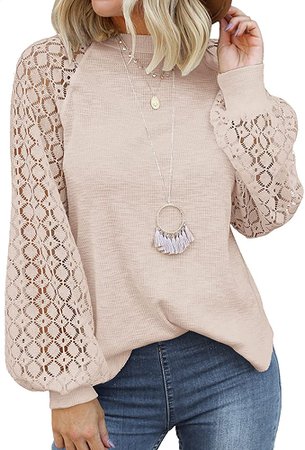 MIHOLL Women’s Long Sleeve Tops Lace Casual Loose Blouses T Shirts (Oatmeal, Medium) at Amazon Women’s Clothing store
