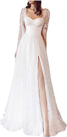 Amazon.com: Floral Lace Dress Women Long Puff Sleeve Split Maxi Dresses Slim Fit Gown Swing Dress White : Clothing, Shoes & Jewelry