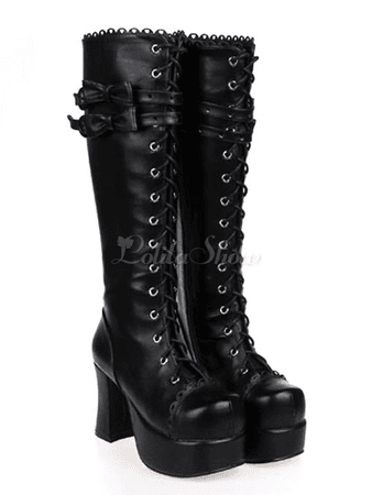 Lolitashow Gothic Black Lolita Chunky Heels Boots Platform Shoelace Bows - Lolitashow.com