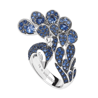 BOUCHERON, HÉRA, THE PEACOCK RING SAPPHIRES Ring set with pavé round blue sapphires, two rose-cut pear-shaped blue sapphires and diamonds, in white gold