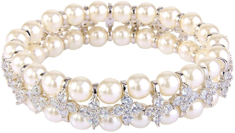 Cream Pearl 2 Layers Floral Elastic Stretch Bracelet