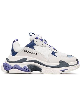 BALENCIAGA White and Blue Triple S Leather Sneakers