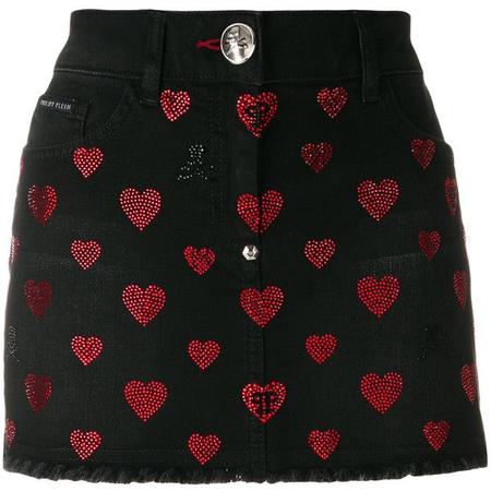 black jean skirt w red hearts
