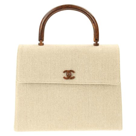 BEIGE Chanel Flap Bag with Top Handle Wood Beige Canvas Satchel