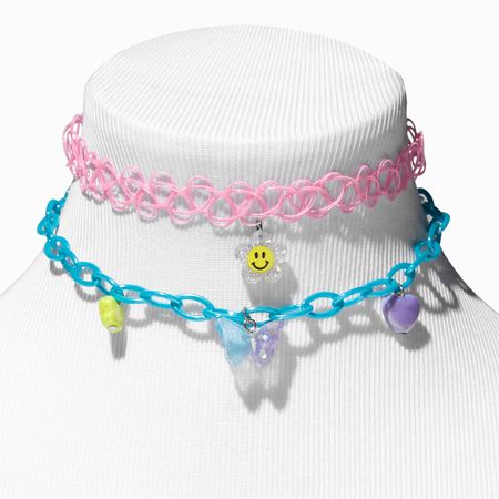 Happy Face Daisy & Butterfly Charm Tattoo Choker & Chainlink Necklaces - 2 Pack | Claire's US