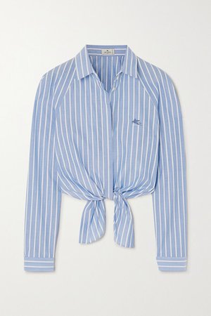 Cropped Tie-front Striped Cotton-poplin Shirt - Light blue