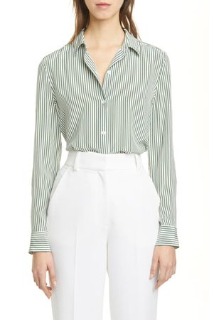 Equipment Essential Striped Silk Shirt In Green | ModeSens, $420