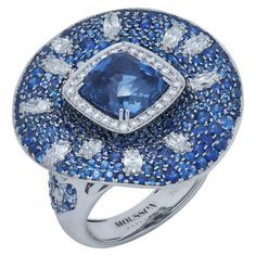Blue Sapphire Oval Marquise Round 18 Karat Gold Diamond Square Cocktail Ring