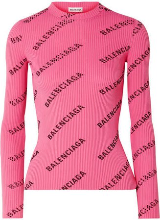 Printed Ribbed-knit Top - Pink