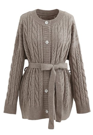 Braid Texture Buttoned Belted Cardigan in Taupe - Retro, Indie and Unique Fashion