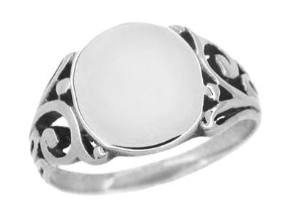 Antique Mens Victorian Filigree Oval Signet Ring in 14K White Gold - Antique Jewelry Mall