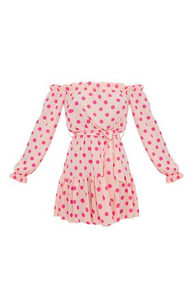Dusty Pink Polka Dot Bardot Tie Waist Shift Dress | PrettyLittleThing