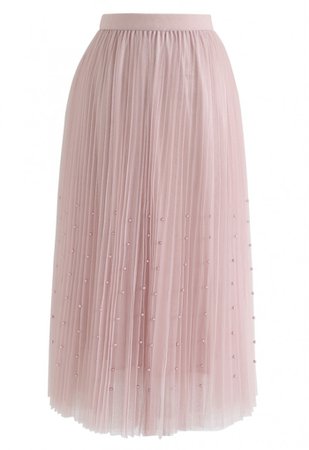 Pearls Trim Mesh Tulle Pleated Skirt in Pink - NEW ARRIVALS - Retro, Indie and Unique Fashion